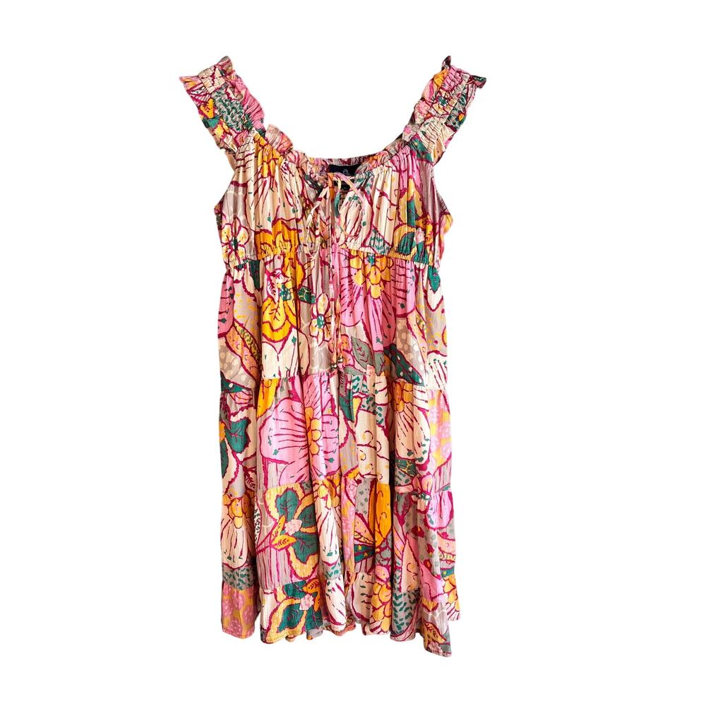 Angie Boho Floral Tiered Mini Dress Pink Yellow Sleeveless Medium
